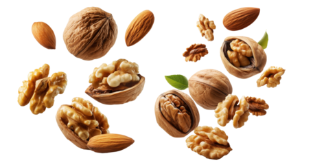 Whole and cracked walnuts with almonds and fresh green leaves, isolated on white background, concept of healthy eating