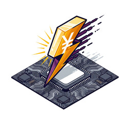 Lightning bolt with Yen symbol striking a computer processor, symbolizing digital finance and speed.
