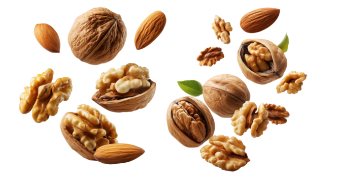 Whole and cracked walnuts with almonds and fresh green leaves, isolated on white background, concept of healthy eating
