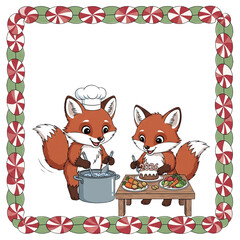 Cute foxes celebrating the new year 2026 by cooking and baking a cake.