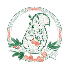 Whimsical Squirrel Decorating with Ornaments on a Christmas Branch
