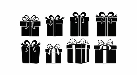 Set of elegant black silhouette gift boxes with decorative bows, ideal for special occasions, holidays, and joyous celebrations