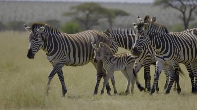 A herd of zebras moving through the savanna grass. The zebras display their distinct black and white stripes, creating a striking contrast against the natural environment Stock Video