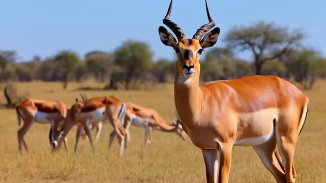 An impala with distinctive curved horns standing in grassy plains, other impalas in background Stock Video