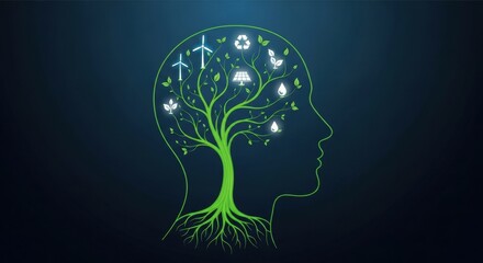 Eco-conscious mind: human head silhouette, green tree, environmental sustainability icons, innovation