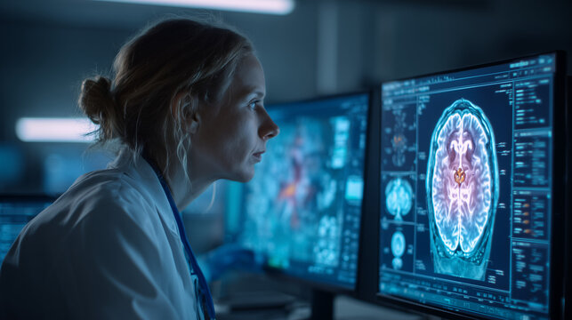 A neurologist analyzes detailed brain scans on a monitor inside a research lab. The focus is on cutting-edge medical technology used for diagnosing neurological conditions