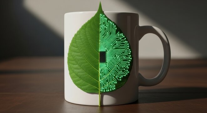 Green technology concept: a vibrant leaf seamlessly integrated with an illuminated circuit board design, showcasing eco-innovation.