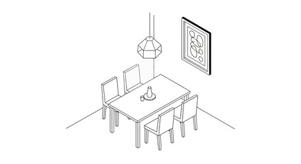 Isometric dining room illustration with table chairs and abstract art
