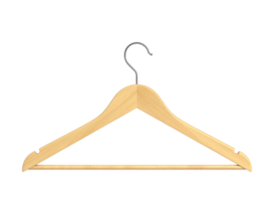 A 3D blank wooden clothes hanger, isolated on transparent background, PNG