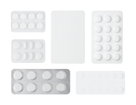 A collection of 3D blank blister packs (for pills), isolated on transparent background, PNG