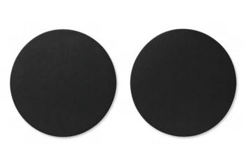 Two black circular drink coasters, blank template mock-up, top view, transparent background