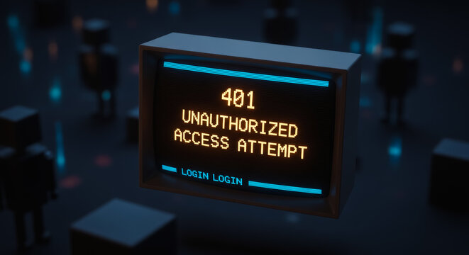 A vintage computer screen displays a stark 401 Unauthorized Access Attempt warning. The scene evokes a sense of digital vulnerability and potential security breaches in an era of information.