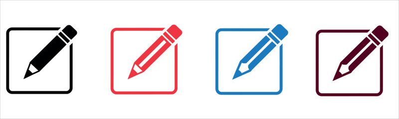Edit document icons in black, red, blue, and maroon for modern design, perfect for website or app interface, conveying creativity and customization.