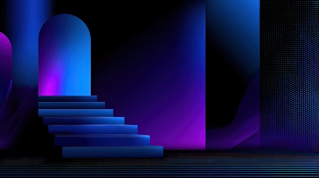 Abstract Geometric Stage with Blue and Purple Lighting and a Staircase in the Center of Dark Room