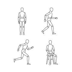 Fototapeta premium Line art illustrations of a wooden mannequin in various poses including standing, walking, running, and sitting.