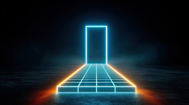 Abstract Glowing Neon Portal in a Dark Room with Grid Pattern Floor and Atmospheric Mist
