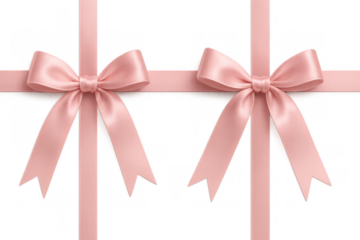 Pink satin ribbons and bows decorating a celebration gift, creating elegant wrapping for holidays, with transparent background