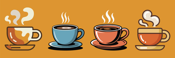 Four Steaming Coffee Cups on Saucers hot drink beverage