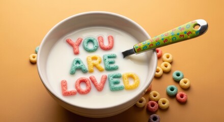 Colorful letter cereal spelling 'you are loved' in milk bowl with alphabet spoon on warm orange background
