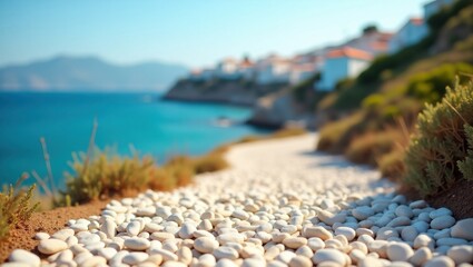 Scenic Pebble Pathway Leading to Coastal Village Overlooking the Azure Sea
