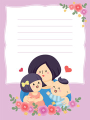 Cate Cartoon Mother & Two Kids Portrait Card with Lavender Frame