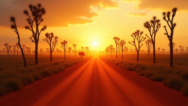Straight Dirt Road Through Desert Landscape with Joshua Trees at Sunset - Powered by Adobe