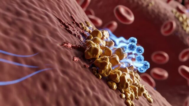 HDL repairing arterial walls, micro tears glowing faintly red, followed by HDL molecules attaching and clearing lipids