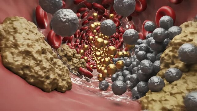 HDL and LDL particles moving through bloodstream