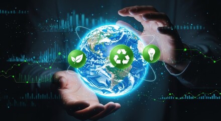 Global hands cradling earth with environmental, recycling, and clean energy icons amidst digital data visuals