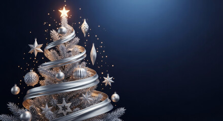 Stunning Modern Christmas Tree Decorated with Shiny Silver Ornaments and a Flowing Ribbon on a Dramatic Dark Blue Background with Starry Light Particles and Ample Copy Space for Festive Greetings