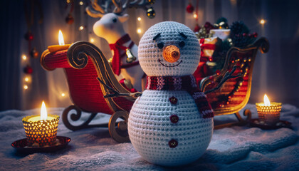Warm Holiday Wishes with Festive Snowman and Sleigh Scene, Ready for Christmas Cheer and Cozy Winter Celebrations, Igniting Joyful Nostalgia