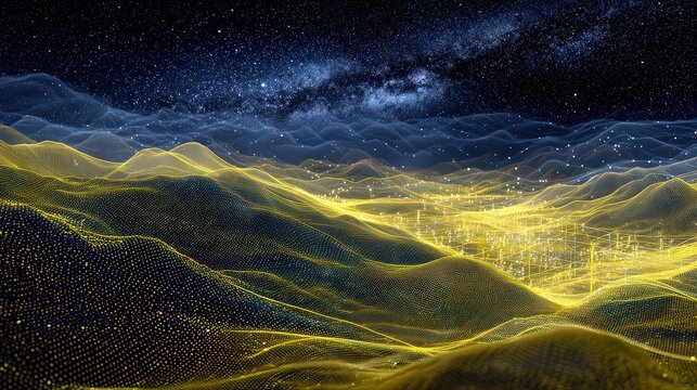Abstract Landscape of Interconnected Golden Nodes and Stars in Night Sky Generative Art - Powered by Adobe