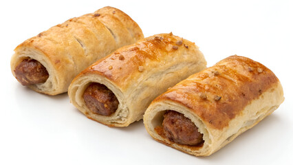 &ldquo;Three Sausage Rolls Isolated on White Background&rdquo;