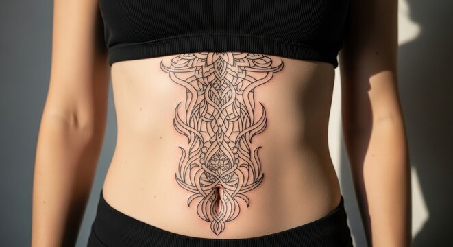 Intricate tattoo design on female midriff with sunlight shadow play