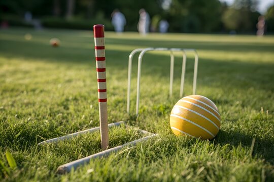 A vintage wooden croquet mallet and striped ball stand ready on a lush green lawn next to a set of wickets inviting a game on a sunny day