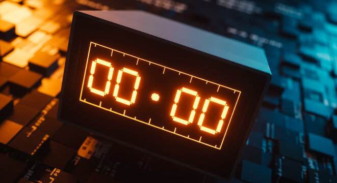 A close-up of a digital clock displaying 00.00 against a backdrop of a circuit board. This image can symbolize the beginning of something new, or an empty time.