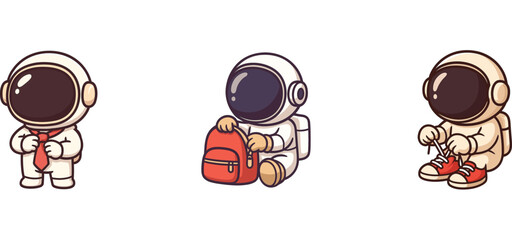 astronaut characters preparing backpack and checking items