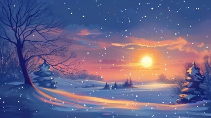 Winter solstice sunset over snowy landscape with bare trees and falling snowflakes. Horizontal banner. Copy space. Free space for text. Hibernal solstice. Flat illustration