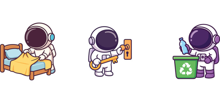astronaut characters writing notes and recycling waste