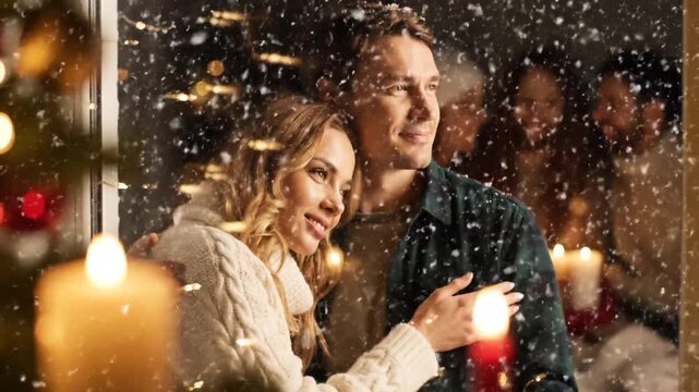 Romantic couple enjoying cozy winter evening by candlelight during snowfall