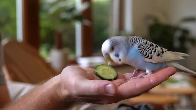 A curious parakeet perched on a person's hand, eating cucumber Stock Video