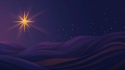 Starry night sky with a comet over purple dunes for three kings day celebration poster. Flat illustration. Horizontal banner. Copy space. Star of Bethlehem, or Christmas Star on a purple background