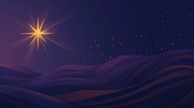 Starry night sky with a comet over purple dunes for three kings day celebration poster. Flat illustration. Horizontal banner. Copy space. Star of Bethlehem, or Christmas Star on a purple background