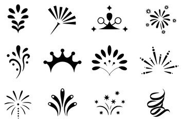 Collection of Black Decorative Flourishes, Crowns, and Fireworks Icons