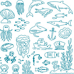 Underwater Sea Life Doodle Collection fish jellyfish © MdMezbahul