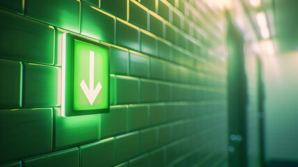 Illuminated green arrow sign in hallway.
