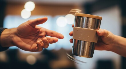 Hand Passing a Stylish Metal Coffee Cup with a Wooden Lid in a Cozy Indoor Setting