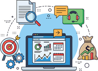 Illustration of laptop with charts and data analysis tools for business and financial growth concept