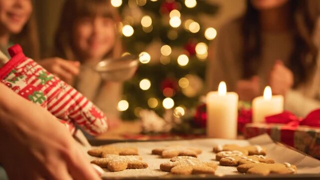 Festive holiday cookie baking and gift exchange with family during Christmas