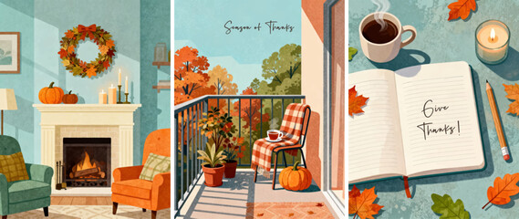 Cozy fall home interior, autumn balcony view, and Thanksgiving journaling illustration, warm seasonal atmosphere, gratitude theme, candles, pumpkins, foliage, and relaxing fall vibes greeting card.